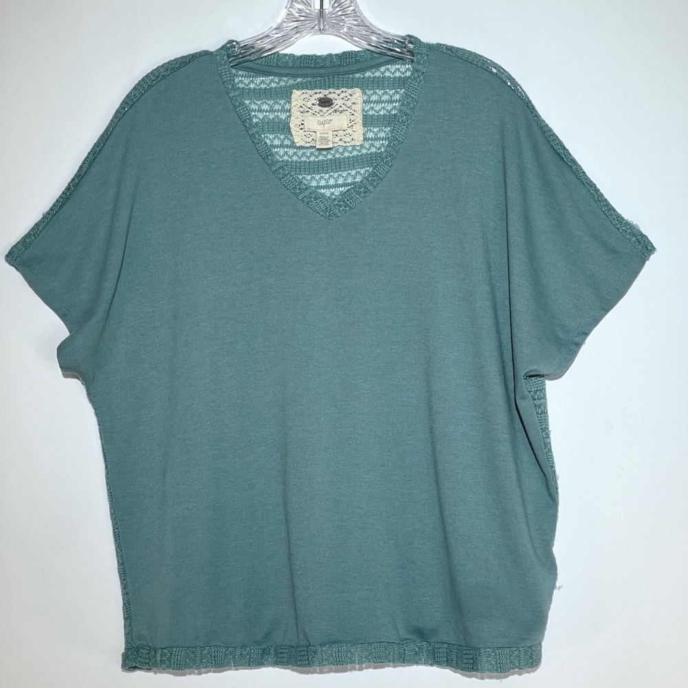 Cupio Women Green Mixed Media V-Neck Open Knit Back Short Sleeve Top Small
